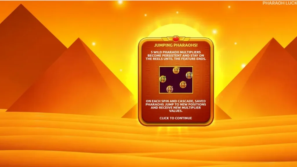 Interface do jogo de slot Pharaoh Luck com pirâmides e símbolos egípcios