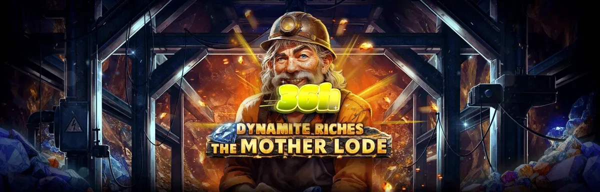 Interface do jogo de slot Dynamite Riches The Mother Lode com símbolos de mineração e ouro.